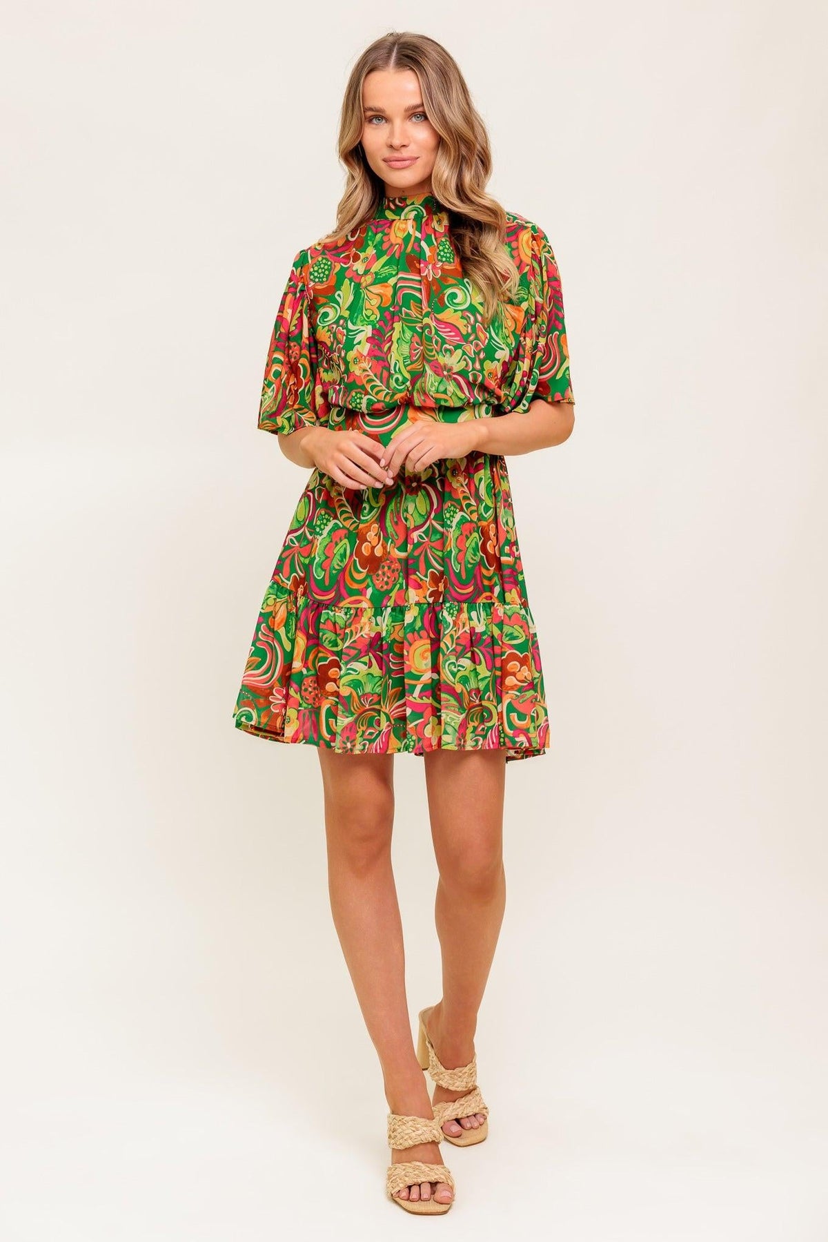 Clean Aesthetic Woven Mini Dress in green, view 2 — Soul Flow Apparel
