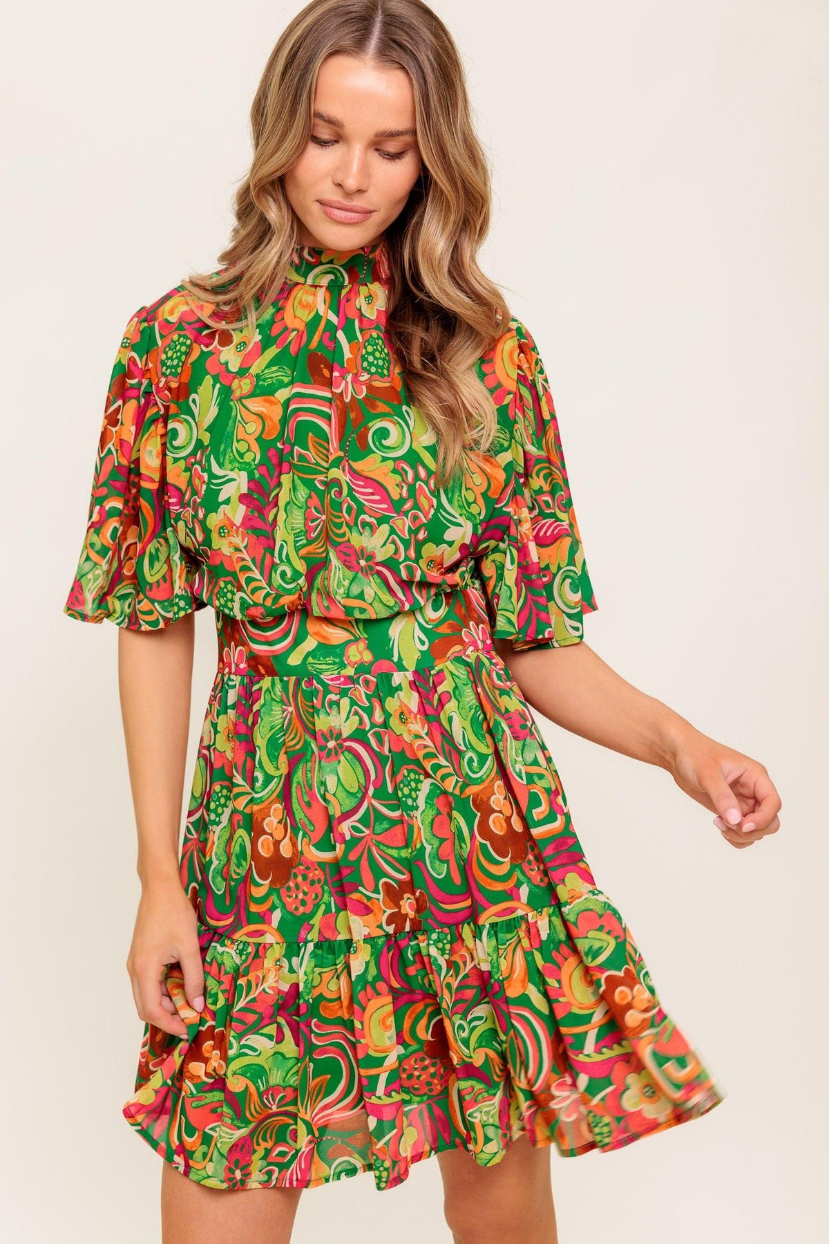 Clean Aesthetic Woven Mini Dress in green, view 5 — Soul Flow Apparel