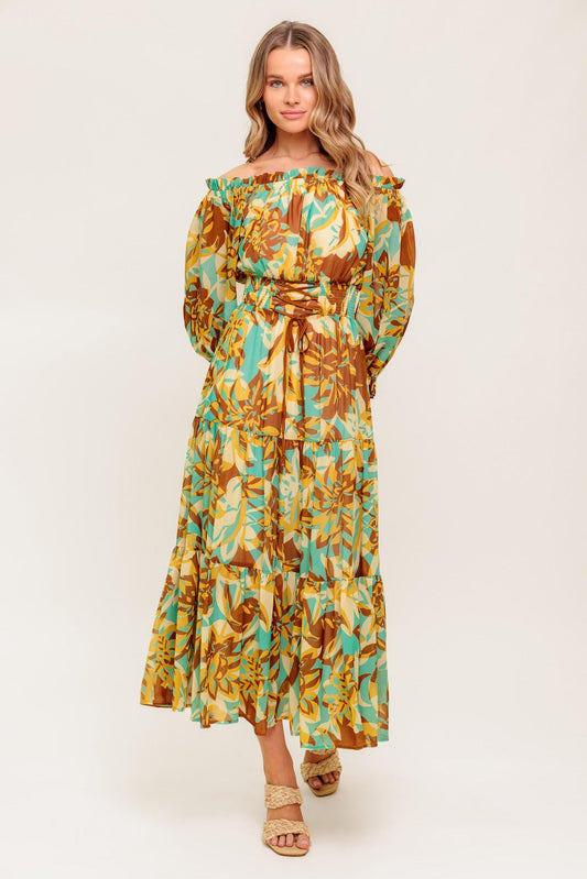 Thena Secret Garden Woven Midi Dress in brown mint, view 2 — Soul Flow Apparel