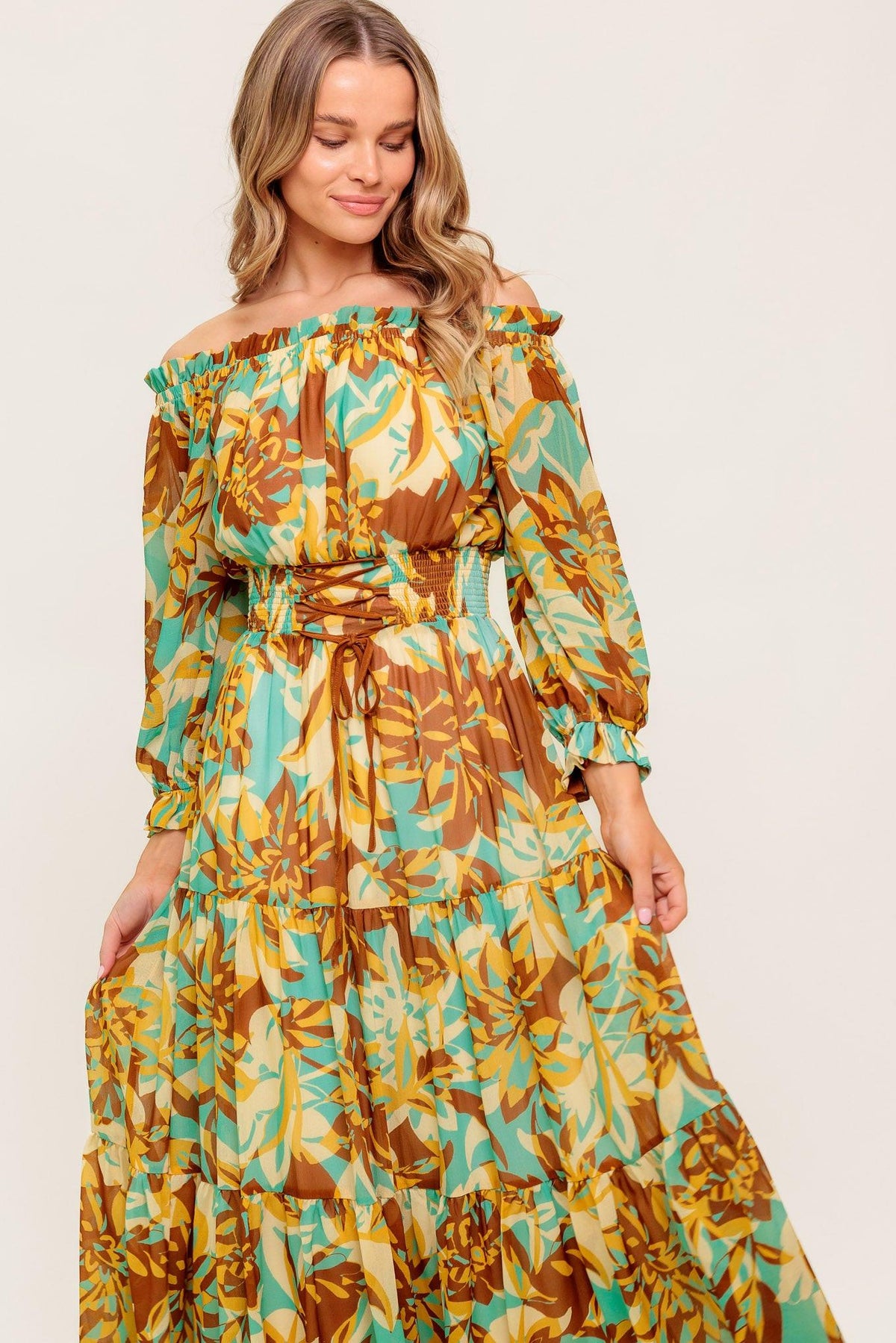 Thena Secret Garden Woven Midi Dress in brown mint, view 3 — Soul Flow Apparel