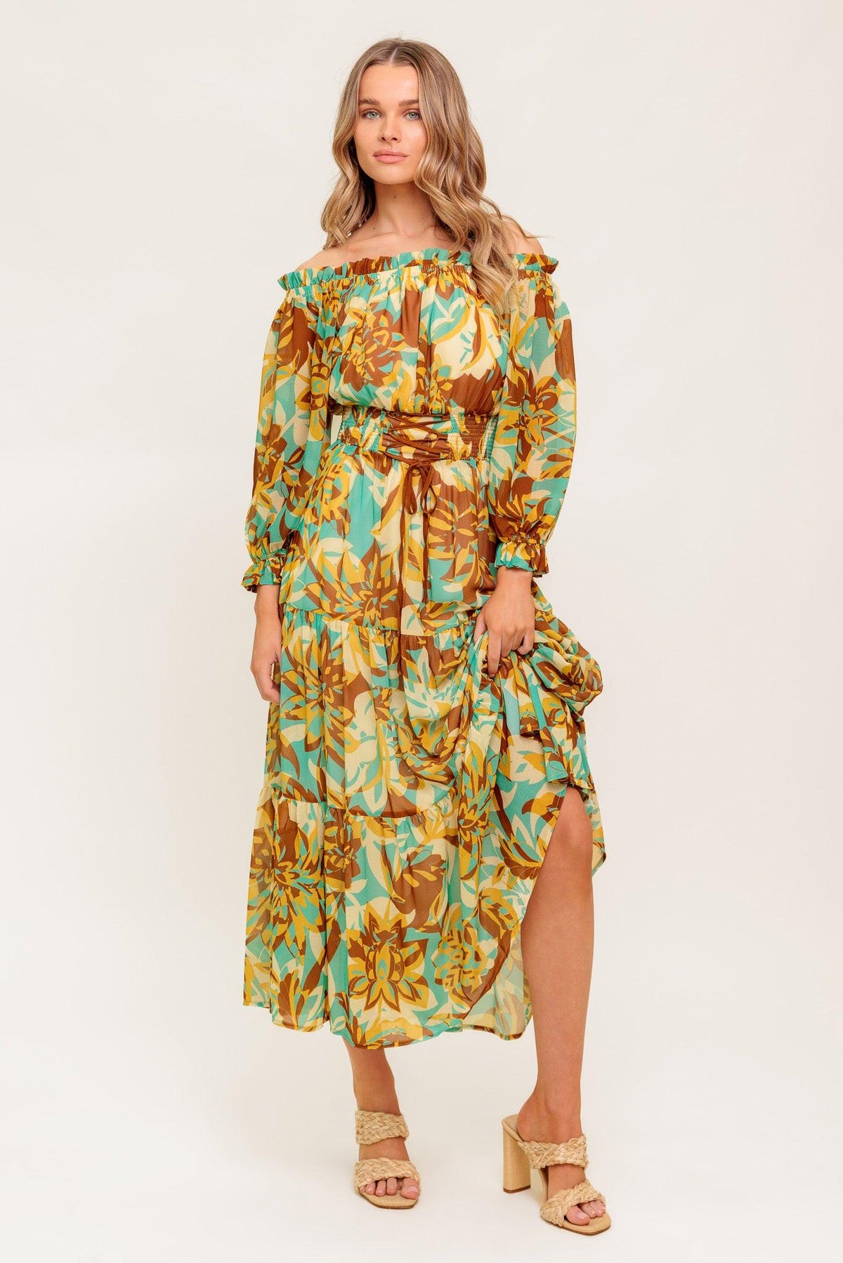 Thena Secret Garden Woven Midi Dress in brown mint, view 4 — Soul Flow Apparel