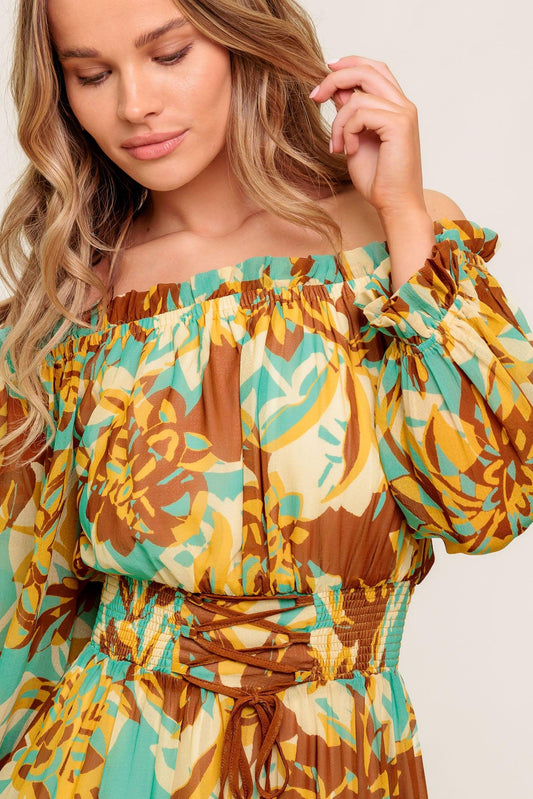 Thena Secret Garden Woven Midi Dress in brown mint, view 5 — Soul Flow Apparel