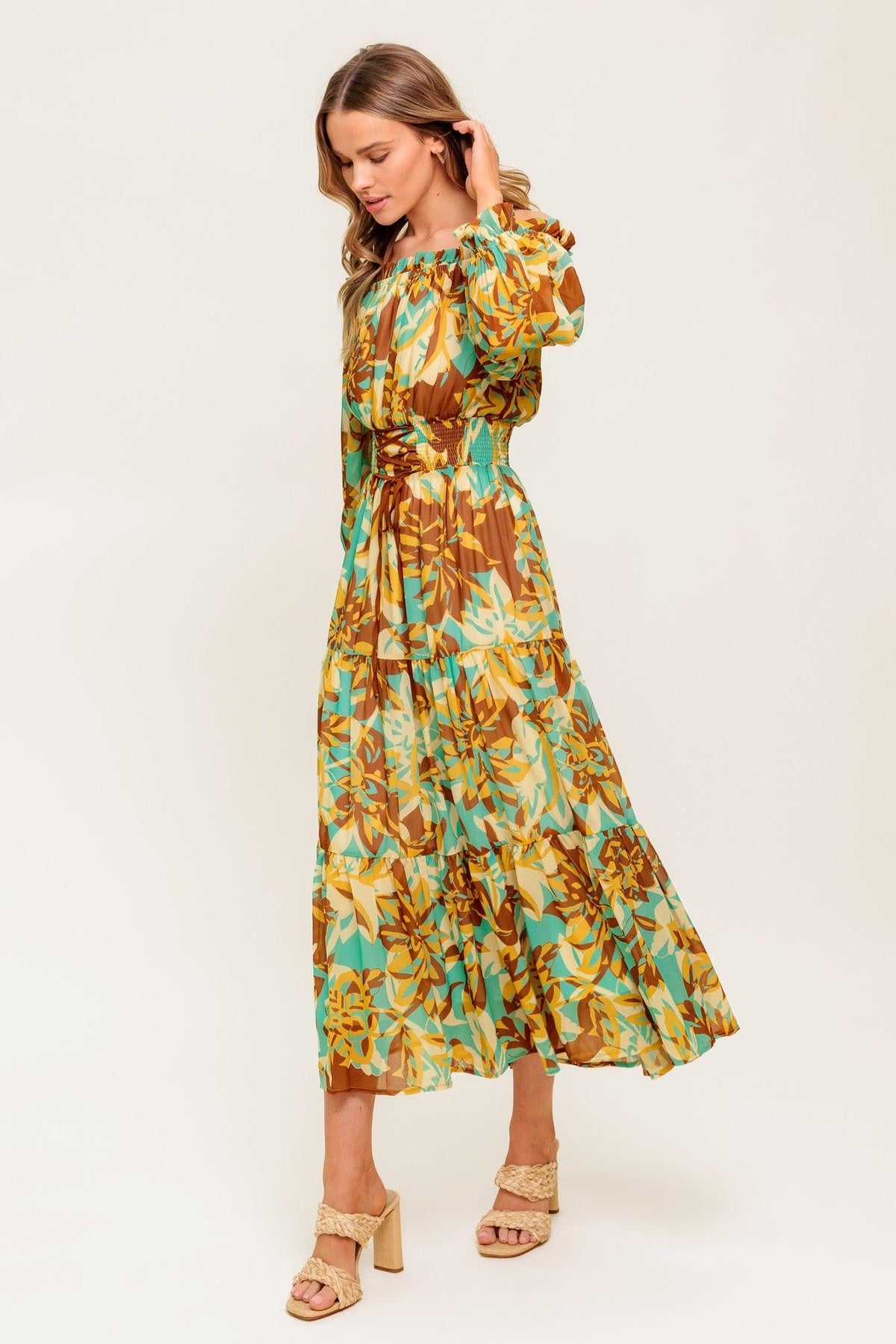 Thena Secret Garden Woven Midi Dress in brown mint, view 6 — Soul Flow Apparel