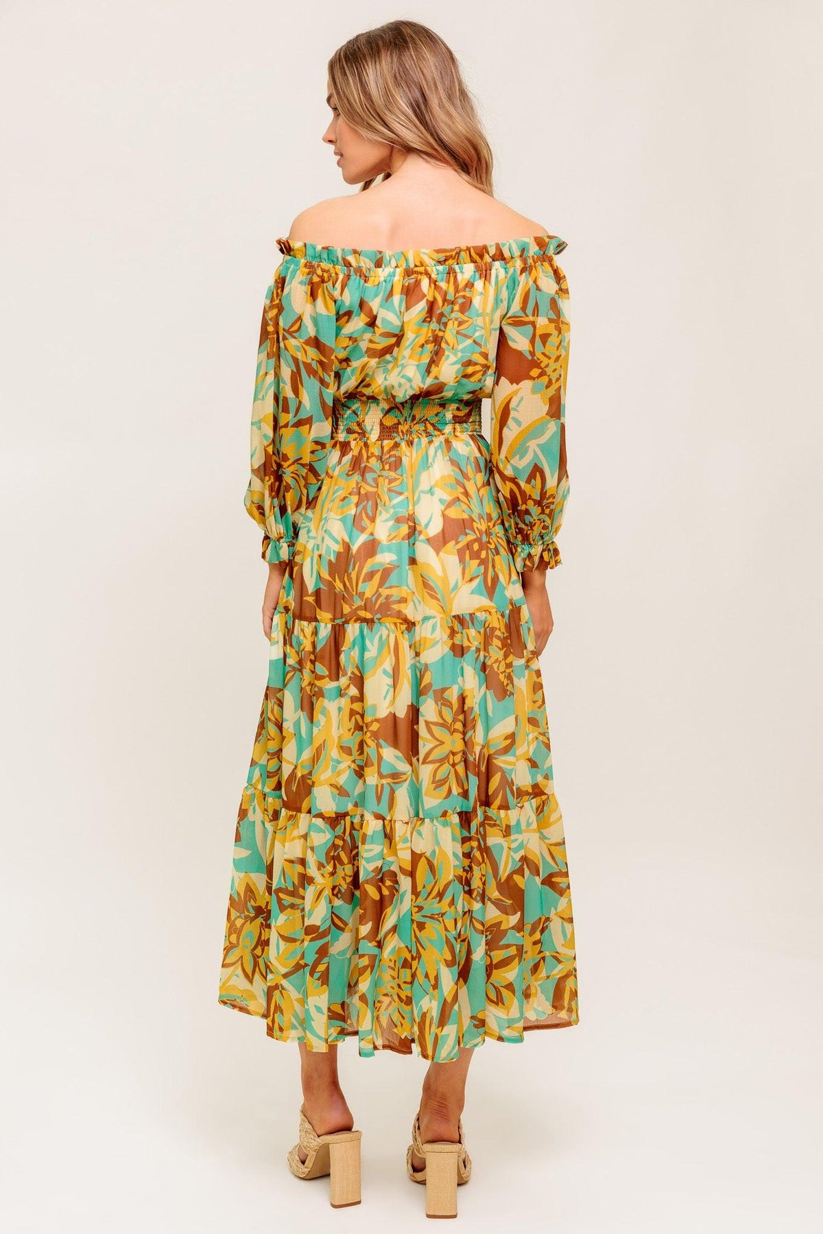 Thena Secret Garden Woven Midi Dress in brown mint, view 7 — Soul Flow Apparel