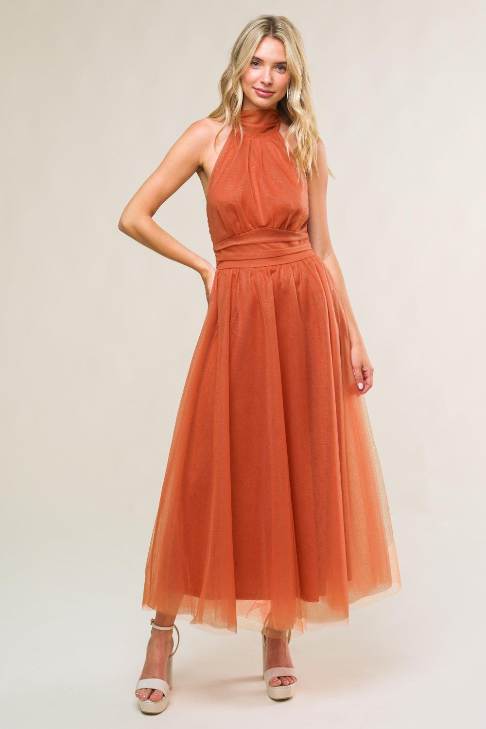 Every Now and Then Mesh Midi Dress in rust, view 1 — Soul Flow Apparel
