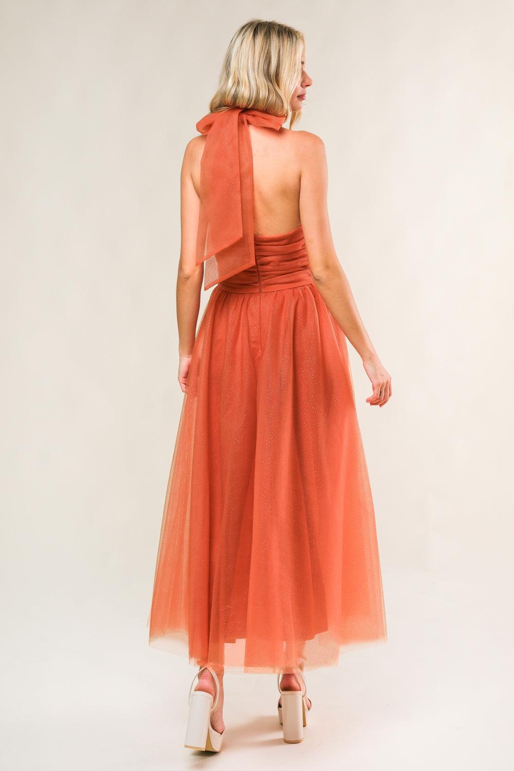 Every Now and Then Mesh Midi Dress in rust, view 2 — Soul Flow Apparel