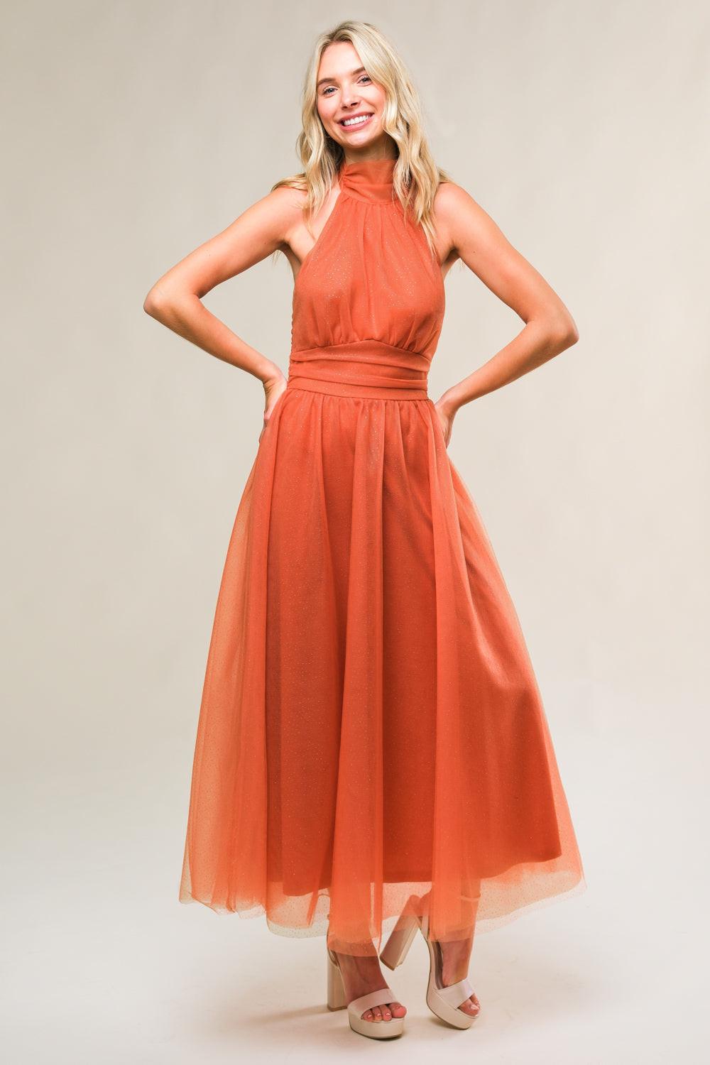 Every Now and Then Mesh Midi Dress in rust, view 5 — Soul Flow Apparel
