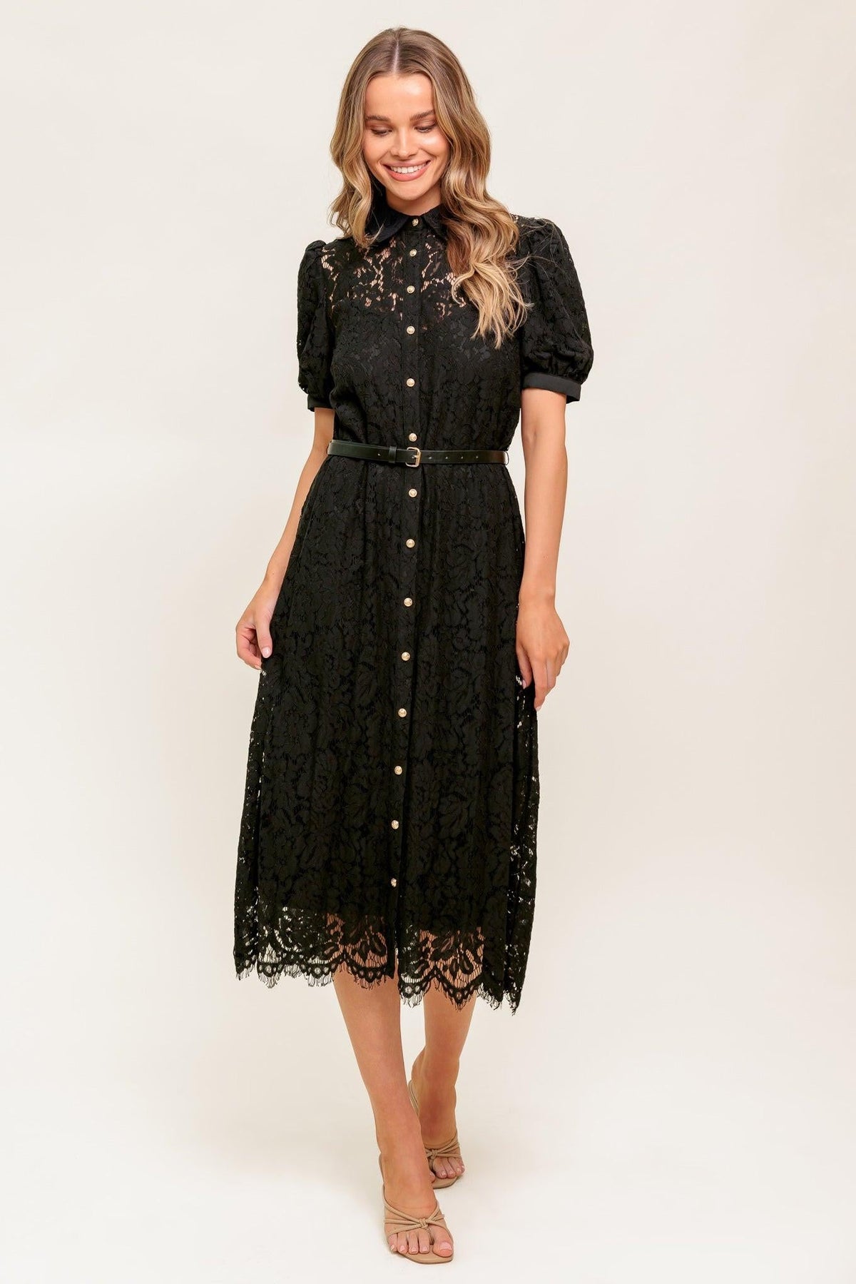 Timid to Tenacious Woven Lace Shirt Dress in black, view 1 — Soul Flow Apparel
