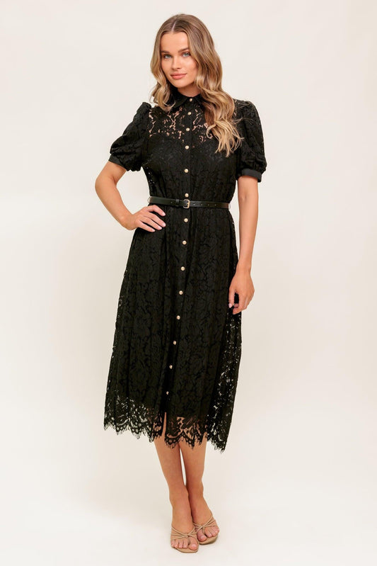 Timid to Tenacious Woven Lace Shirt Dress in black, view 2 — Soul Flow Apparel