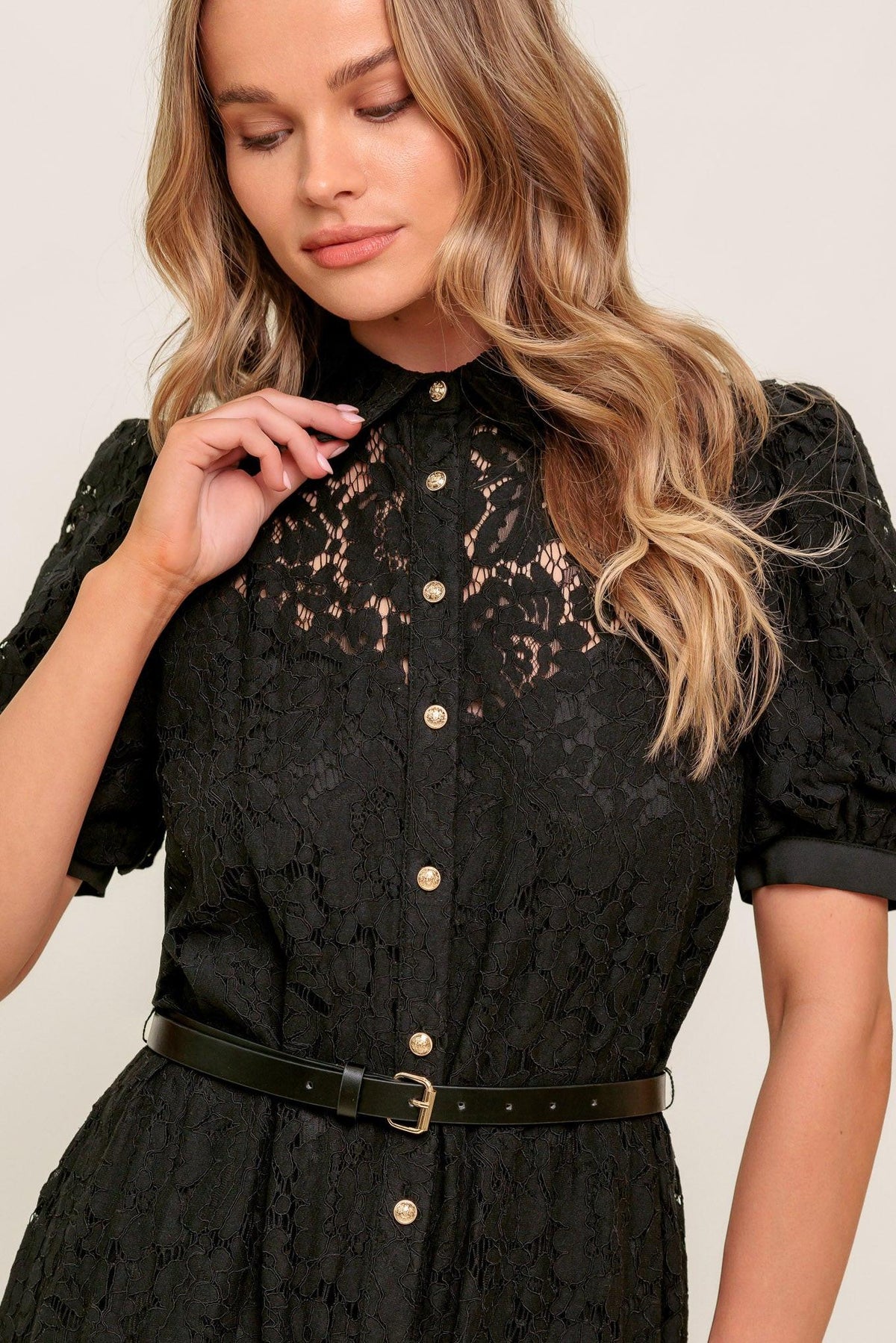 Timid to Tenacious Woven Lace Shirt Dress in black, view 3 — Soul Flow Apparel