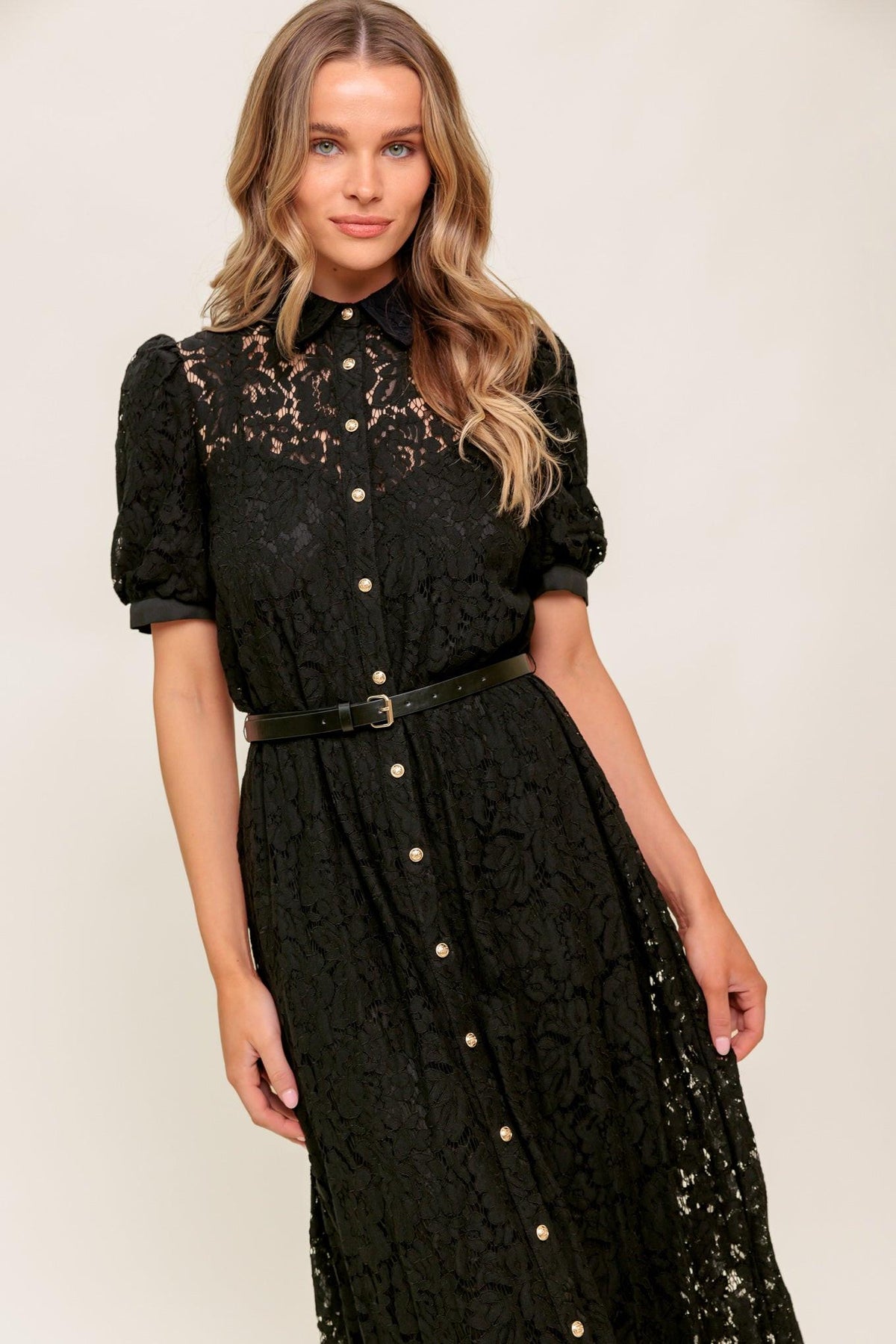 Timid to Tenacious Woven Lace Shirt Dress in black, view 4 — Soul Flow Apparel