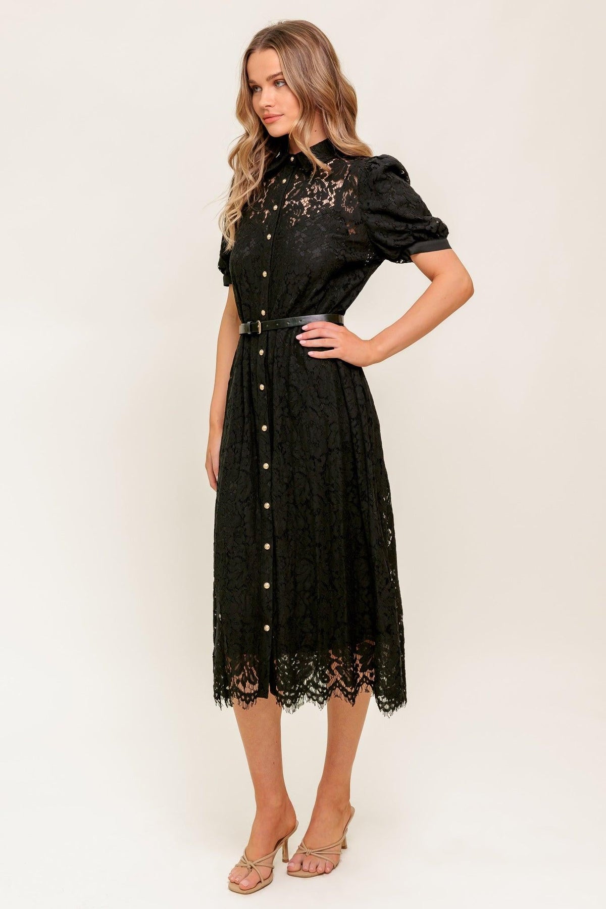 Timid to Tenacious Woven Lace Shirt Dress in black, view 5 — Soul Flow Apparel