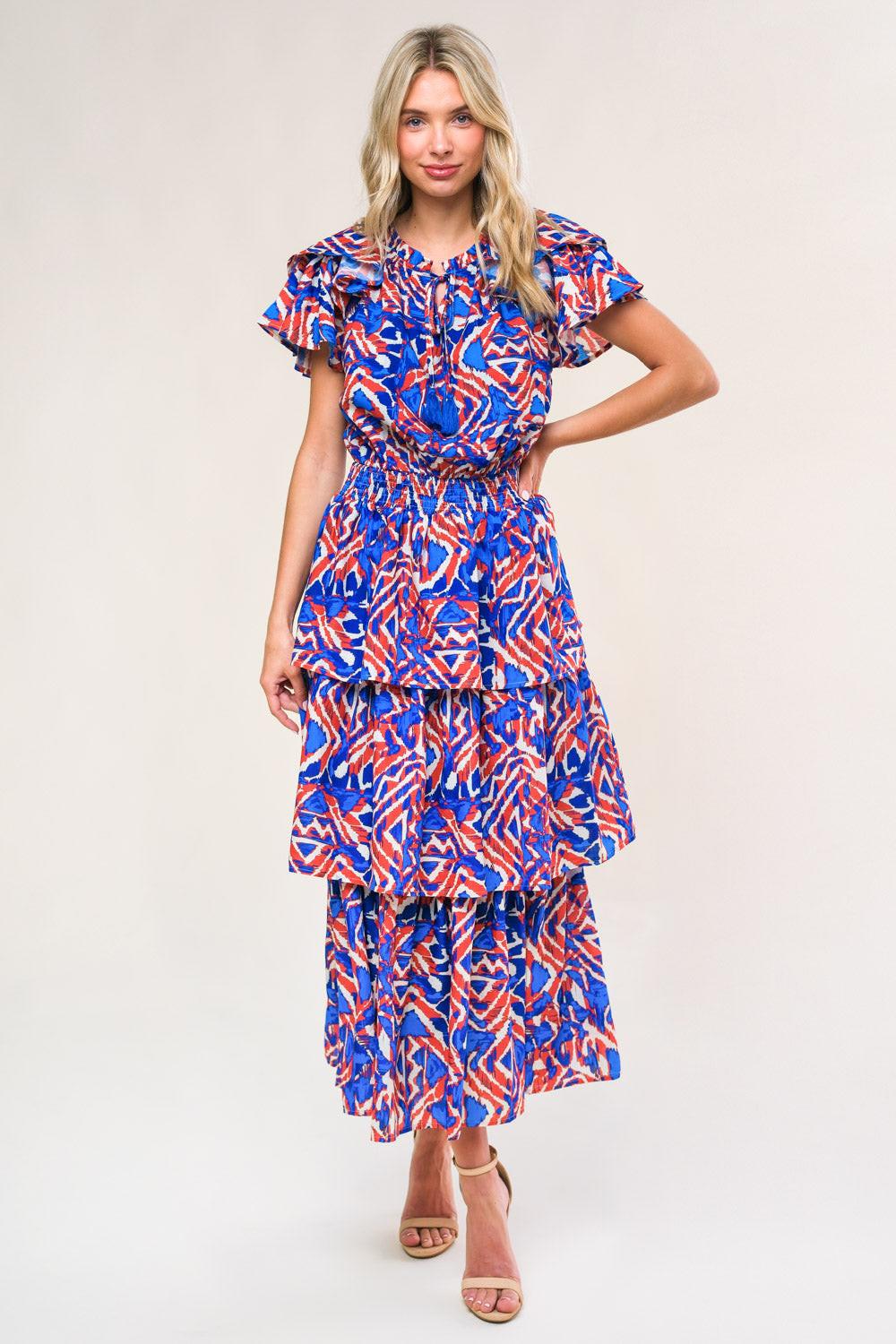 Back to Fun Woven Midi Dress in blue rust, view 1 — Soul Flow Apparel