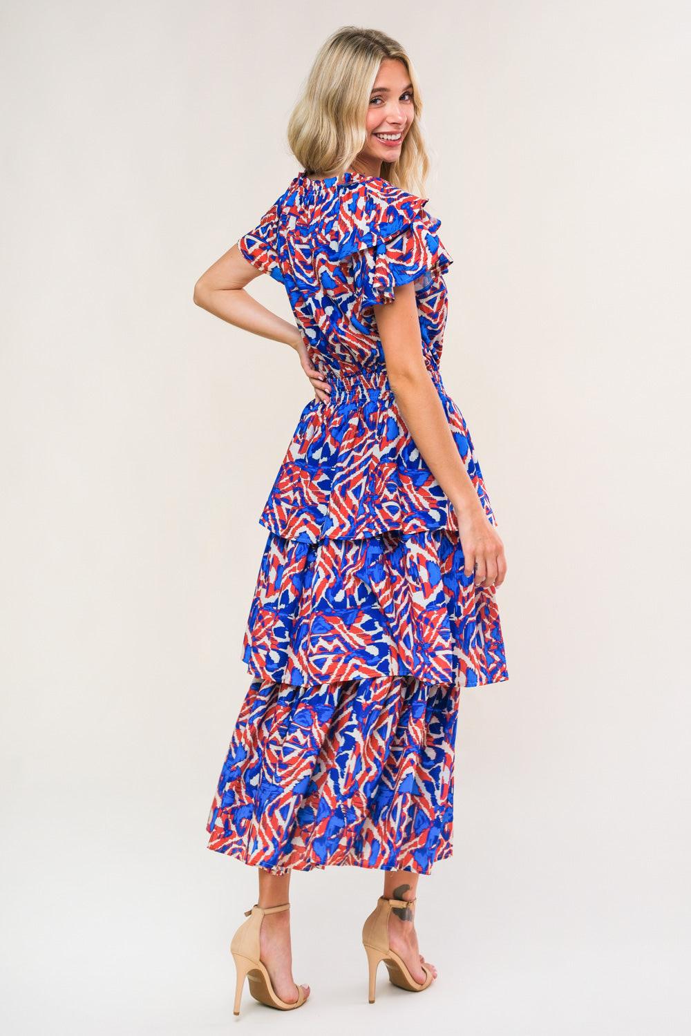 Back to Fun Woven Midi Dress in blue rust, view 2 — Soul Flow Apparel