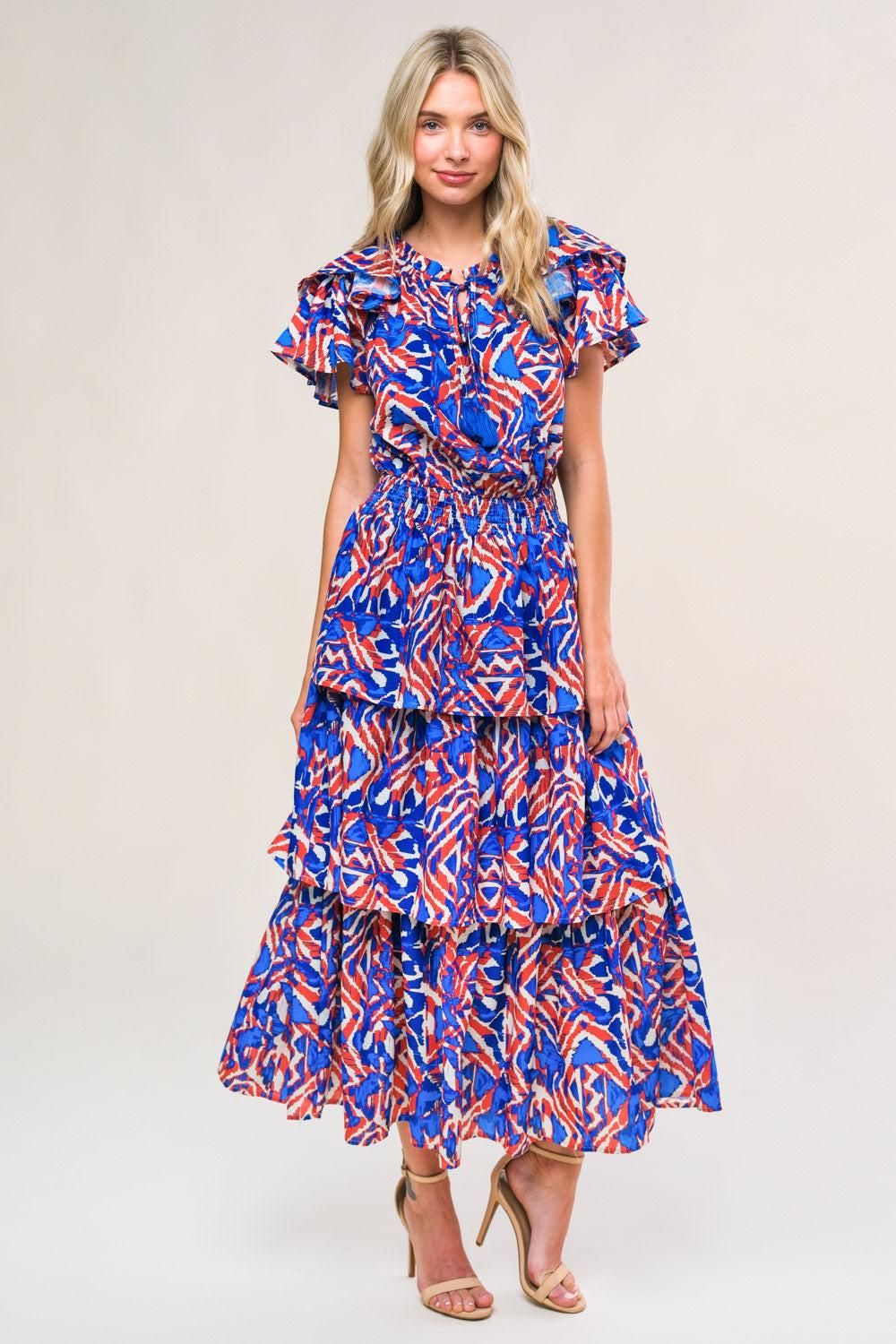 Back to Fun Woven Midi Dress in blue rust, view 3 — Soul Flow Apparel