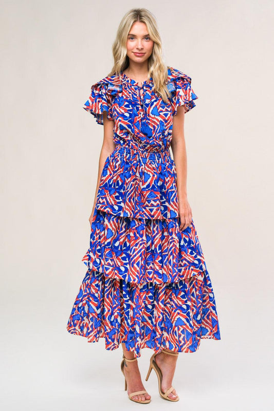 Back to Fun Woven Midi Dress in blue rust, view 3 — Soul Flow Apparel