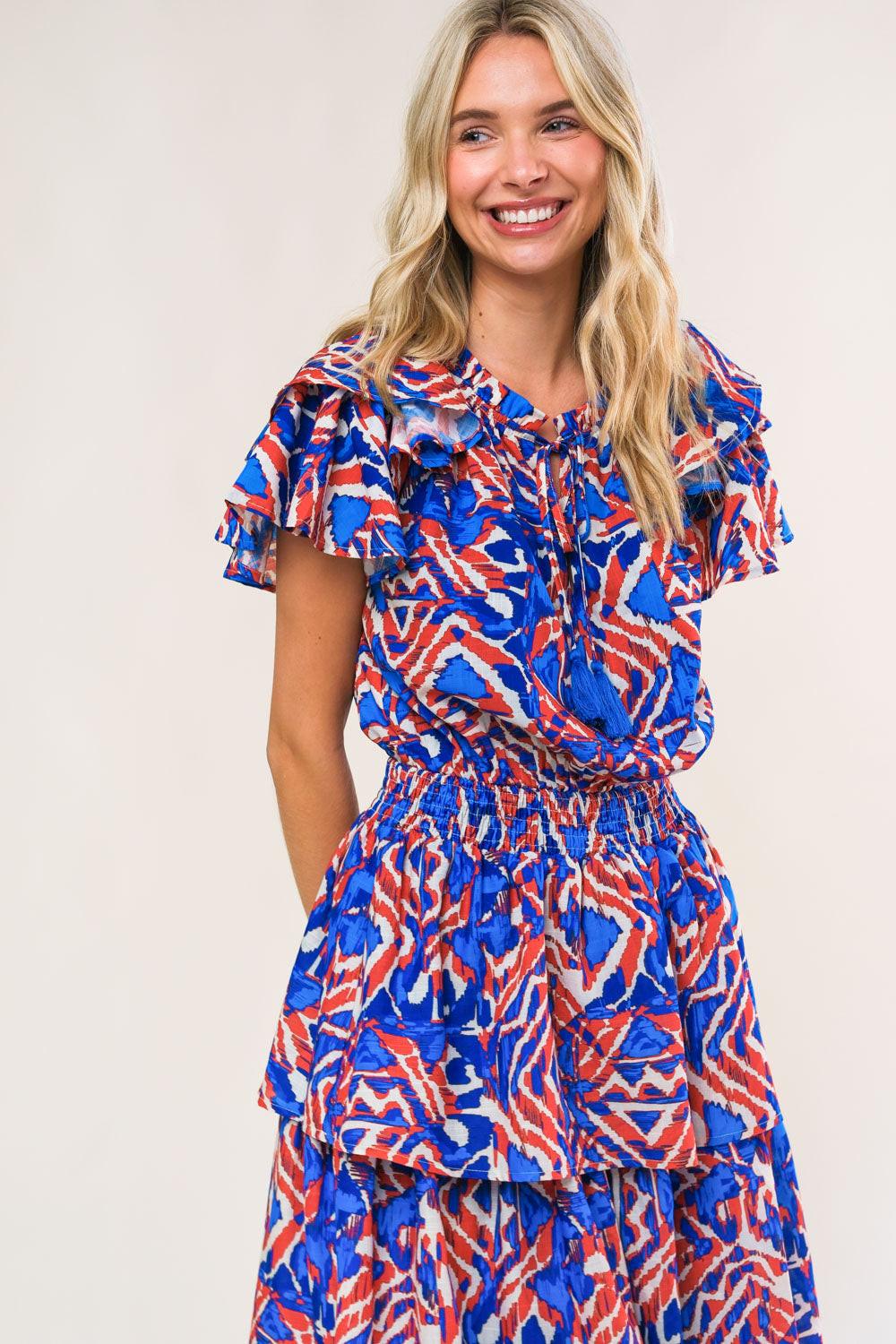 Back to Fun Woven Midi Dress in blue rust, view 4 — Soul Flow Apparel