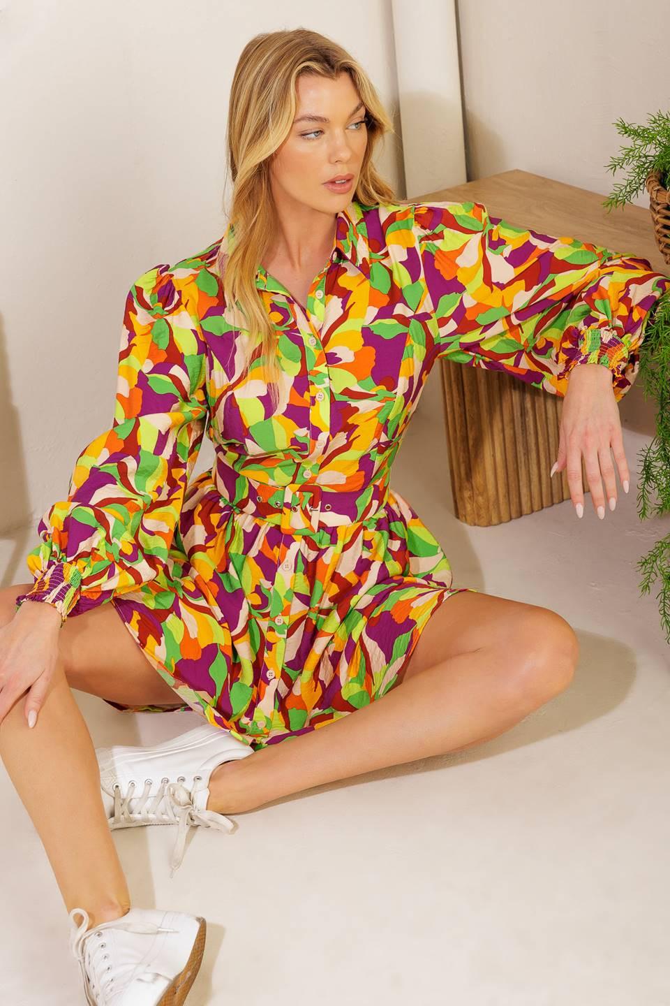 World Is Your Oyster Woven Mini Dress in green purple, view 11 — Soul Flow Apparel