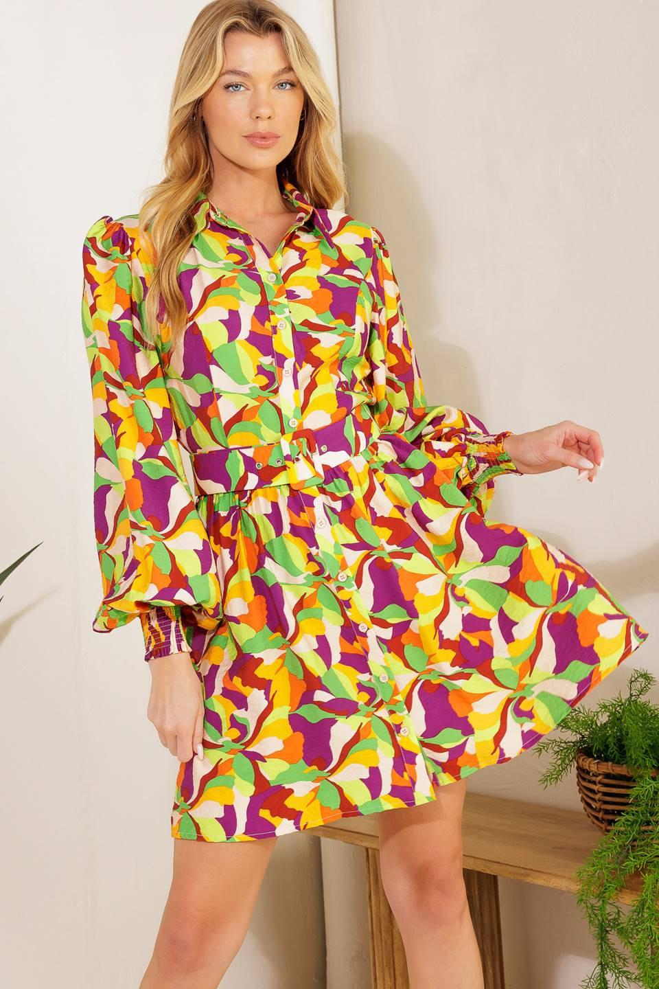 World Is Your Oyster Woven Mini Dress in green purple, view 2 — Soul Flow Apparel