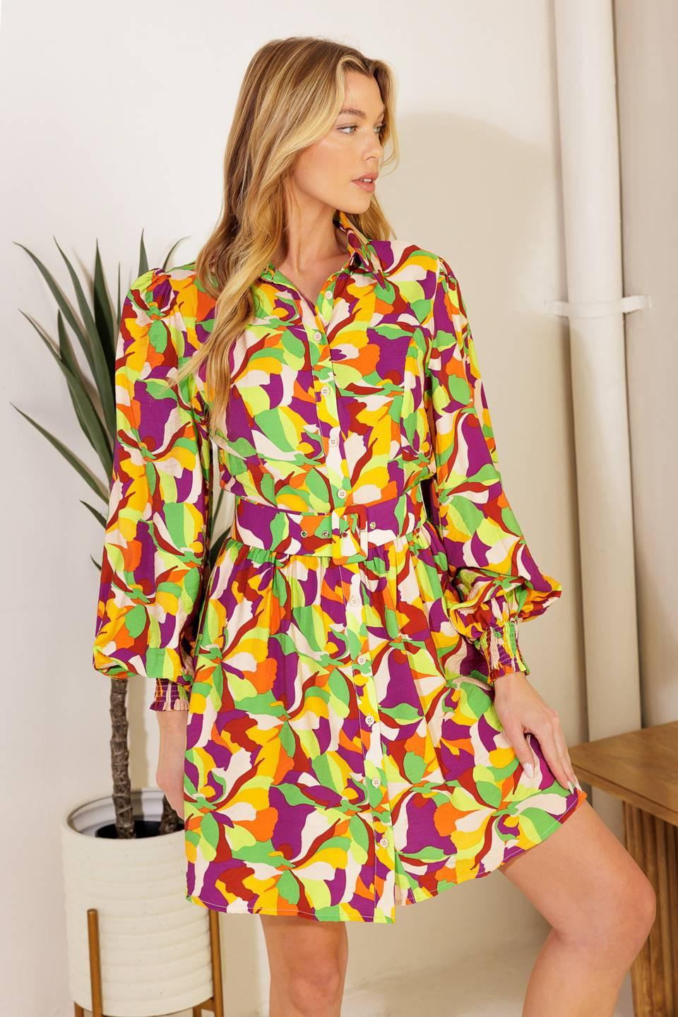 World Is Your Oyster Woven Mini Dress in green purple, view 7 — Soul Flow Apparel