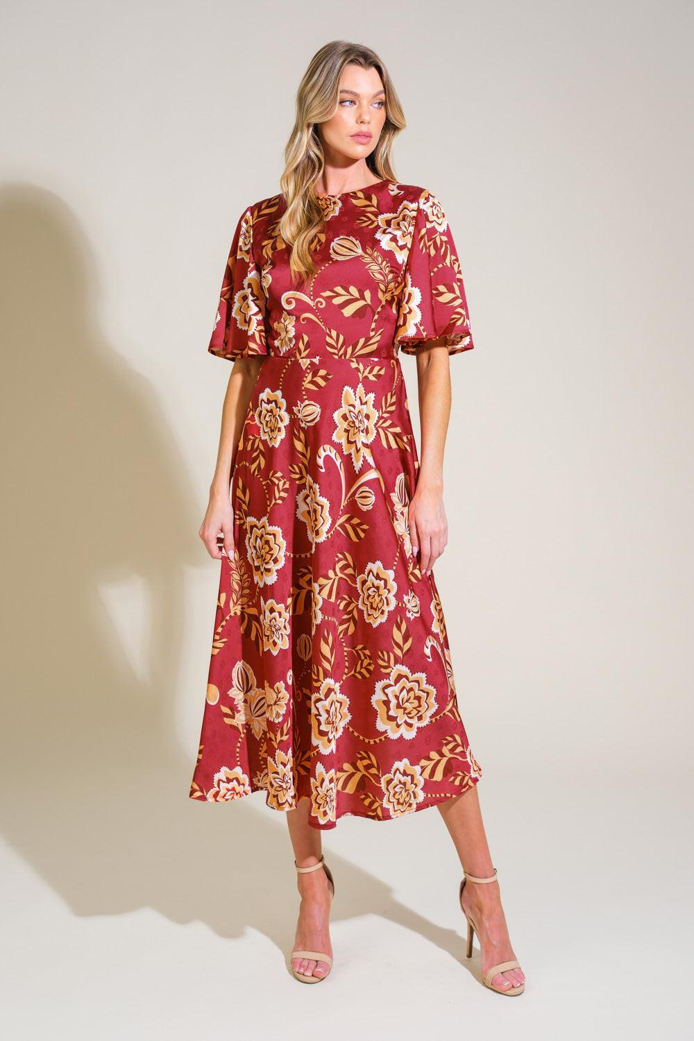 Total Frill Woven Midi Dress in burgundy, view 1 — Soul Flow Apparel