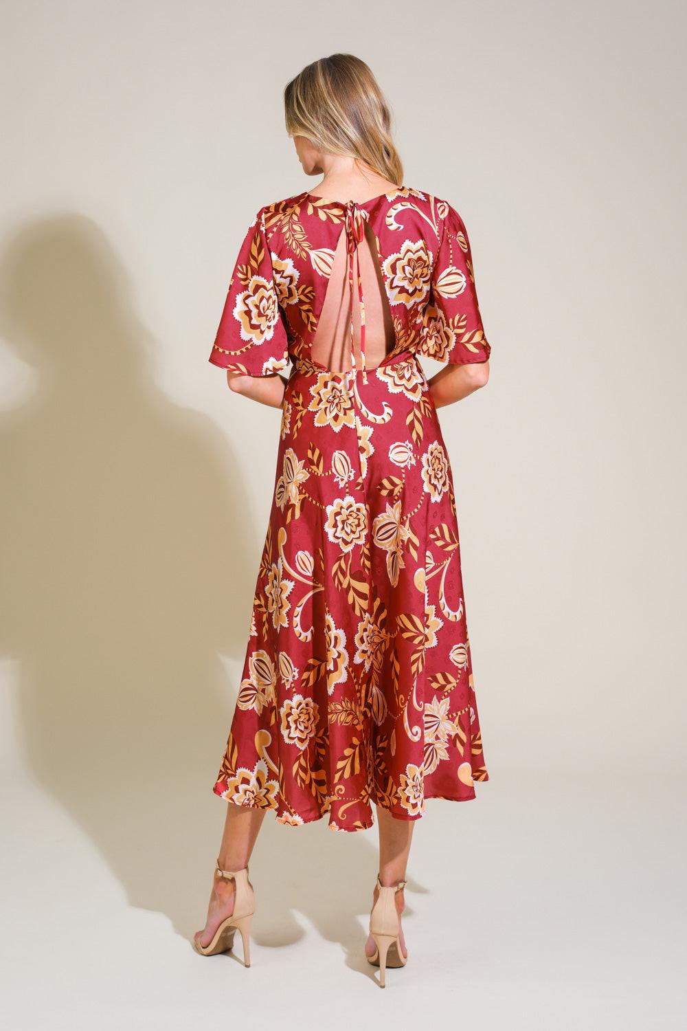 Total Frill Woven Midi Dress in burgundy, view 2 — Soul Flow Apparel