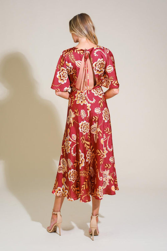 Total Frill Woven Midi Dress in burgundy, view 2 — Soul Flow Apparel