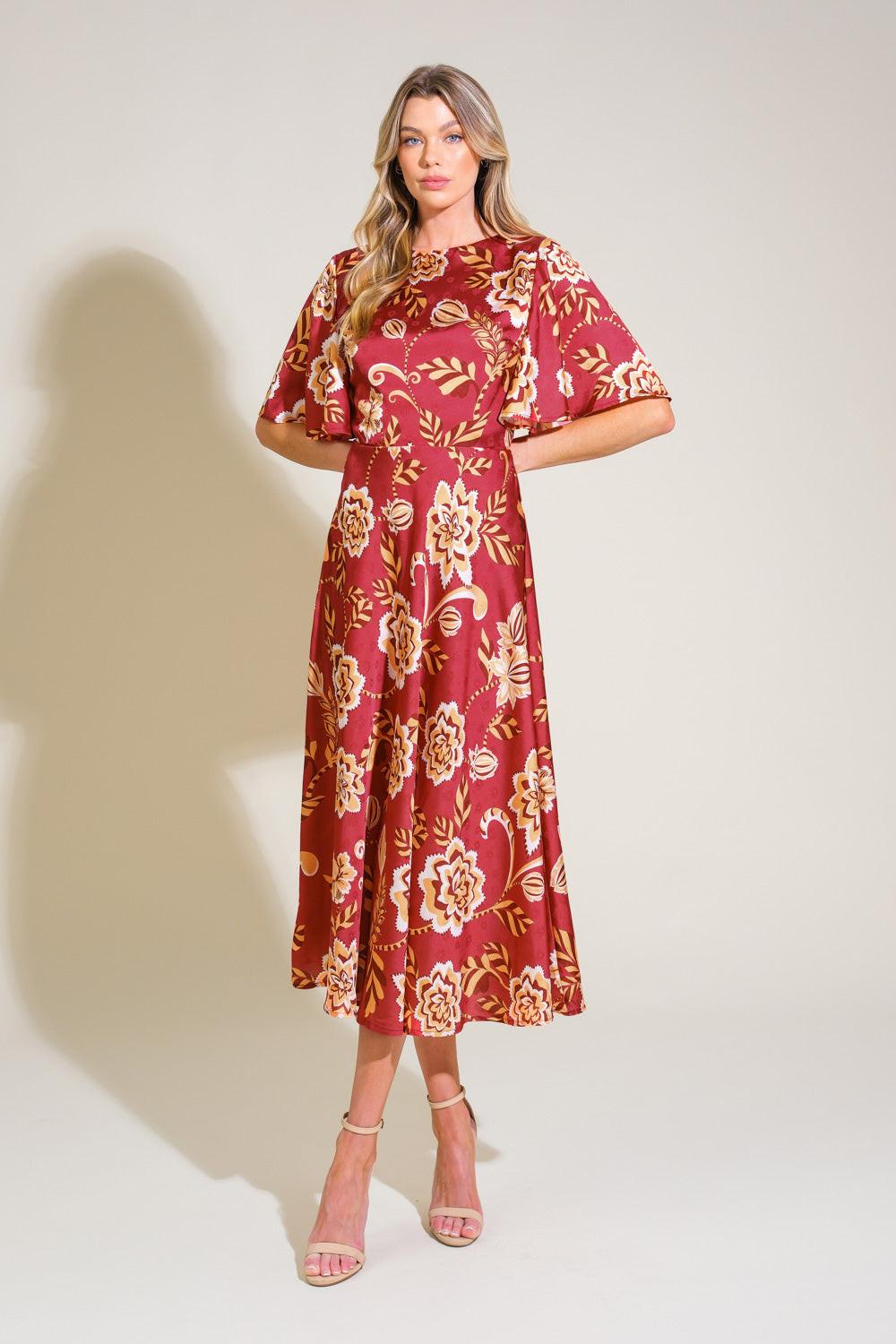 Total Frill Woven Midi Dress in burgundy, view 3 — Soul Flow Apparel