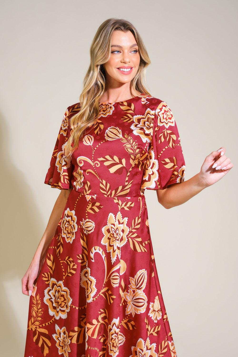 Total Frill Woven Midi Dress in burgundy, view 4 — Soul Flow Apparel