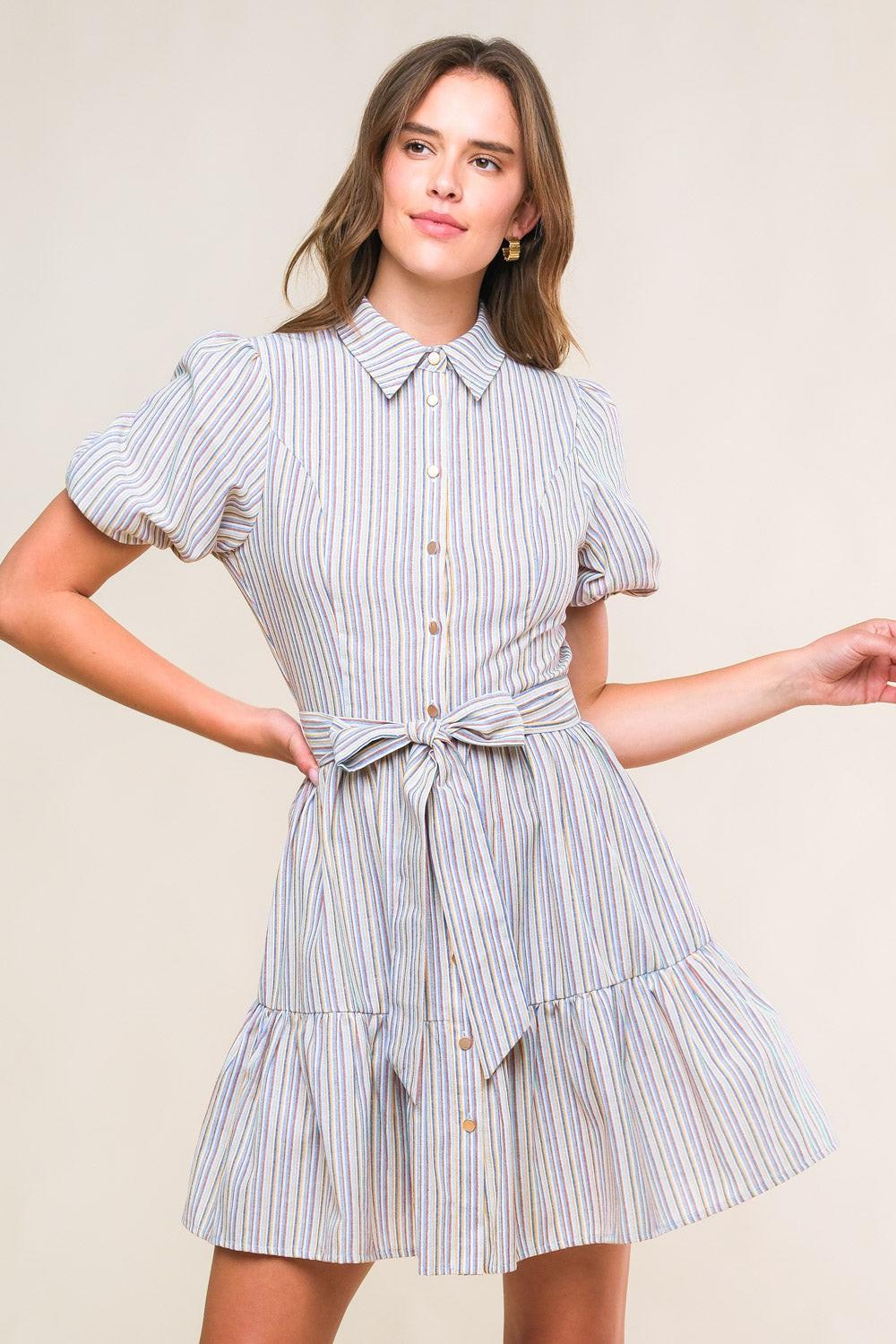 Adorable Presence Woven Mini Dress in white blue brown, view 1 — Soul Flow Apparel