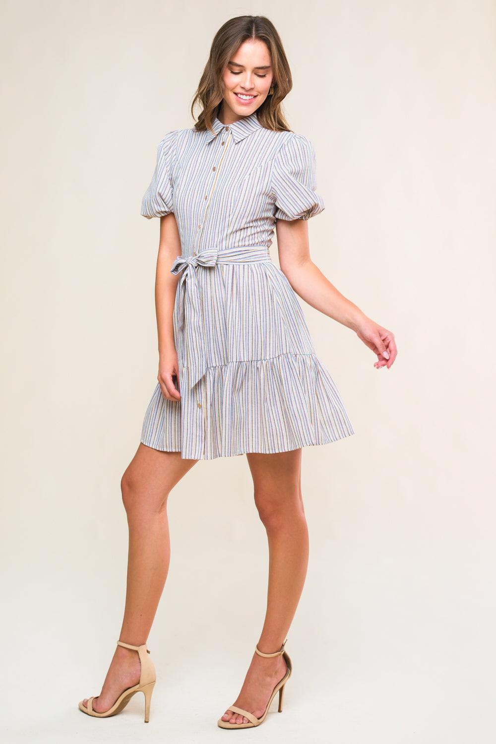 Adorable Presence Woven Mini Dress in white blue brown, view 3 — Soul Flow Apparel