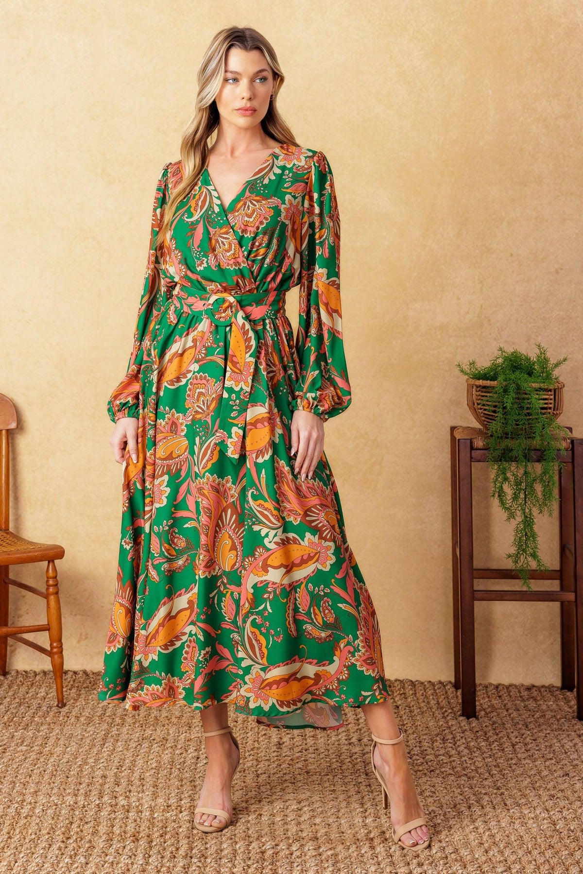 Sunnyside Florals Woven Midi Dress in green, view 1 — Soul Flow Apparel