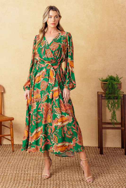 Sunnyside Florals Woven Midi Dress in green, view 1 — Soul Flow Apparel