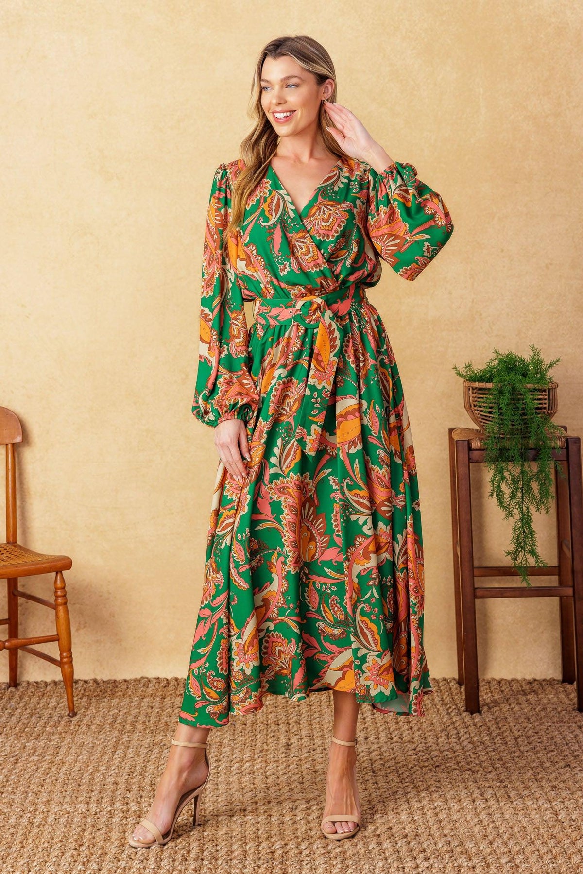 Sunnyside Florals Woven Midi Dress in green, view 2 — Soul Flow Apparel