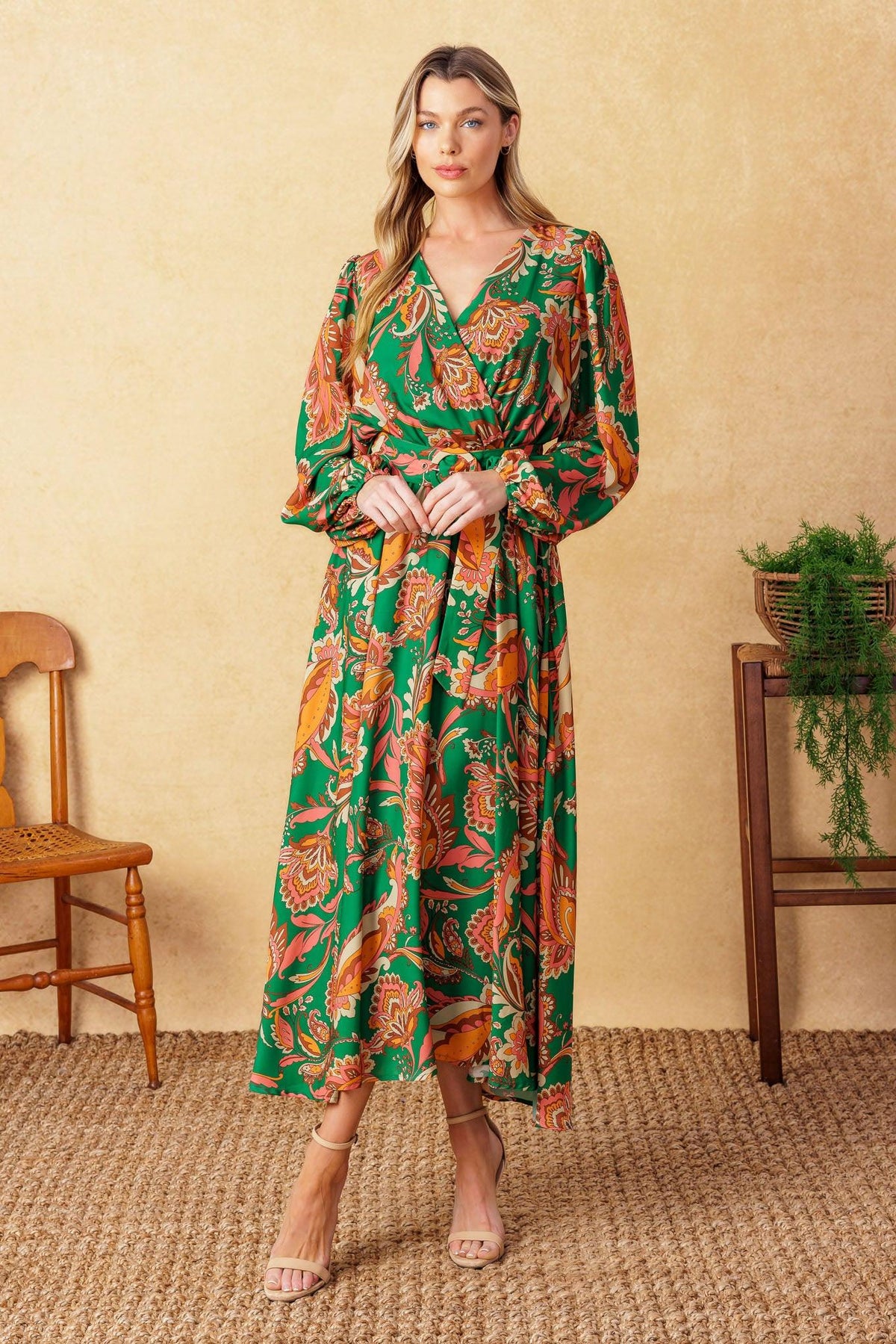 Sunnyside Florals Woven Midi Dress in green, view 3 — Soul Flow Apparel