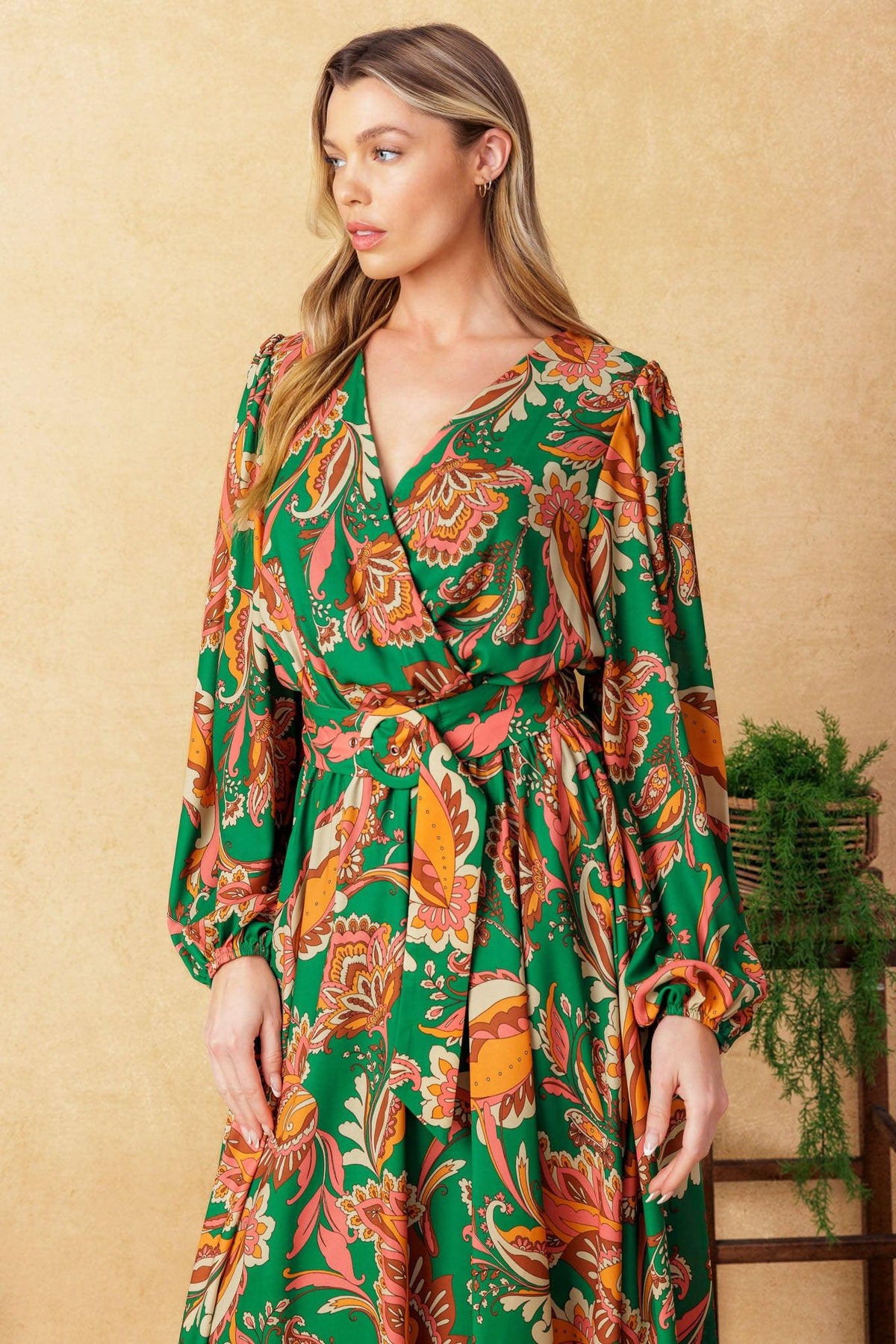 Sunnyside Florals Woven Midi Dress in green, view 5 — Soul Flow Apparel