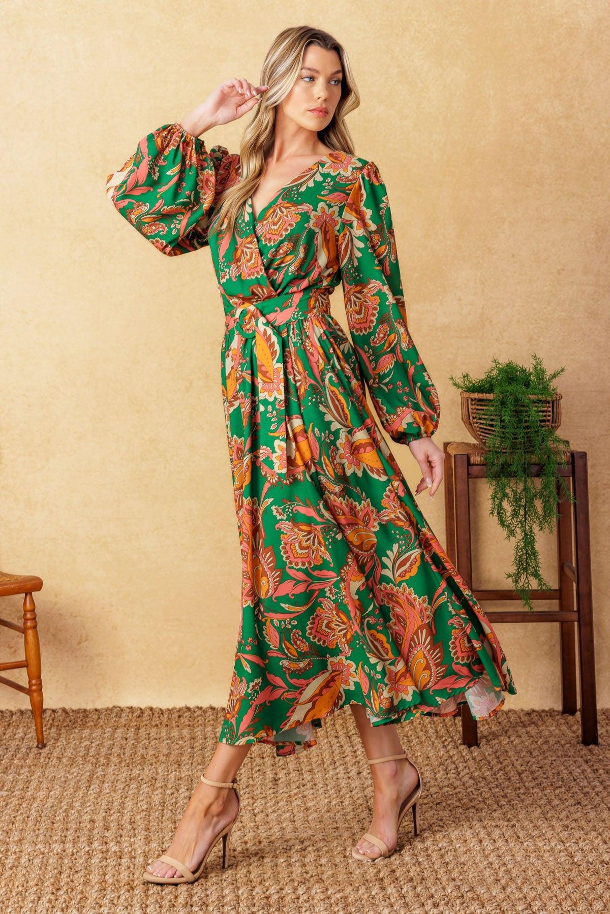 Sunnyside Florals Woven Midi Dress in green, view 6 — Soul Flow Apparel