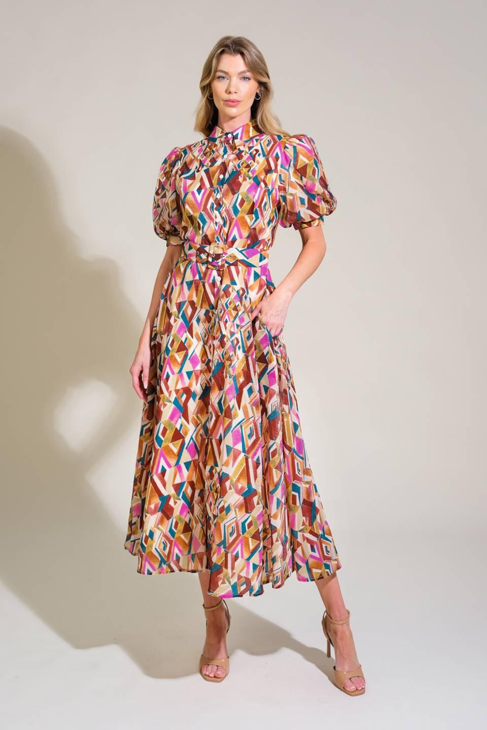 Garden Harmony Woven Midi Dress in ivory brown teal, view 1 — Soul Flow Apparel