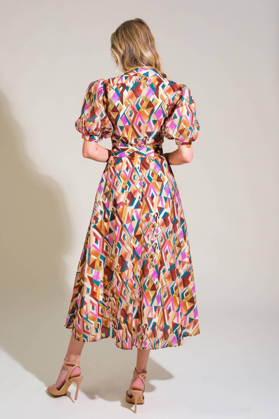 Garden Harmony Woven Midi Dress in ivory brown teal, view 2 — Soul Flow Apparel