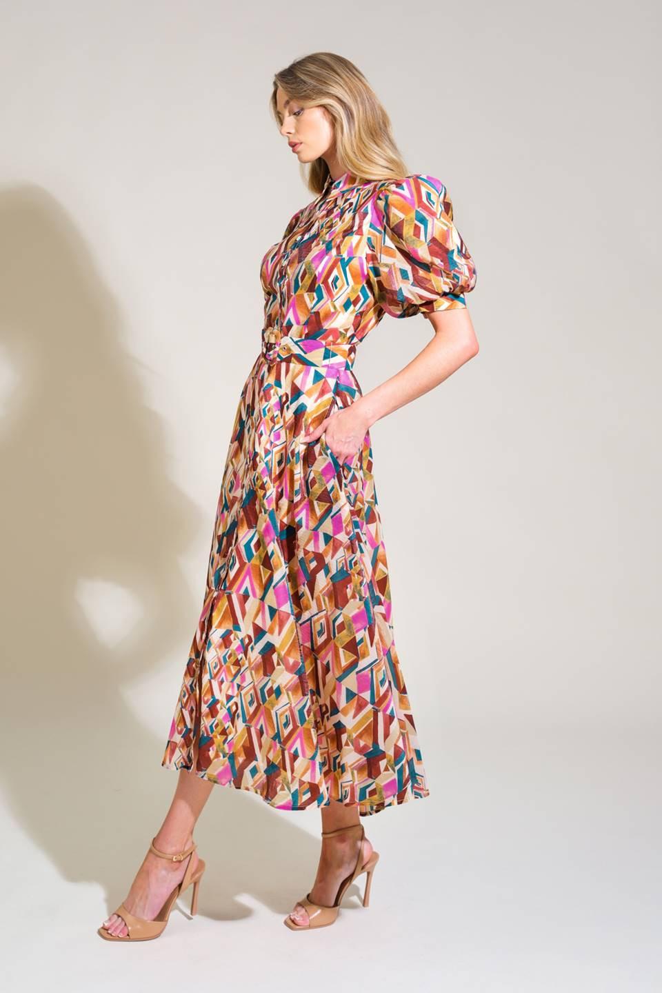 Garden Harmony Woven Midi Dress in ivory brown teal, view 3 — Soul Flow Apparel