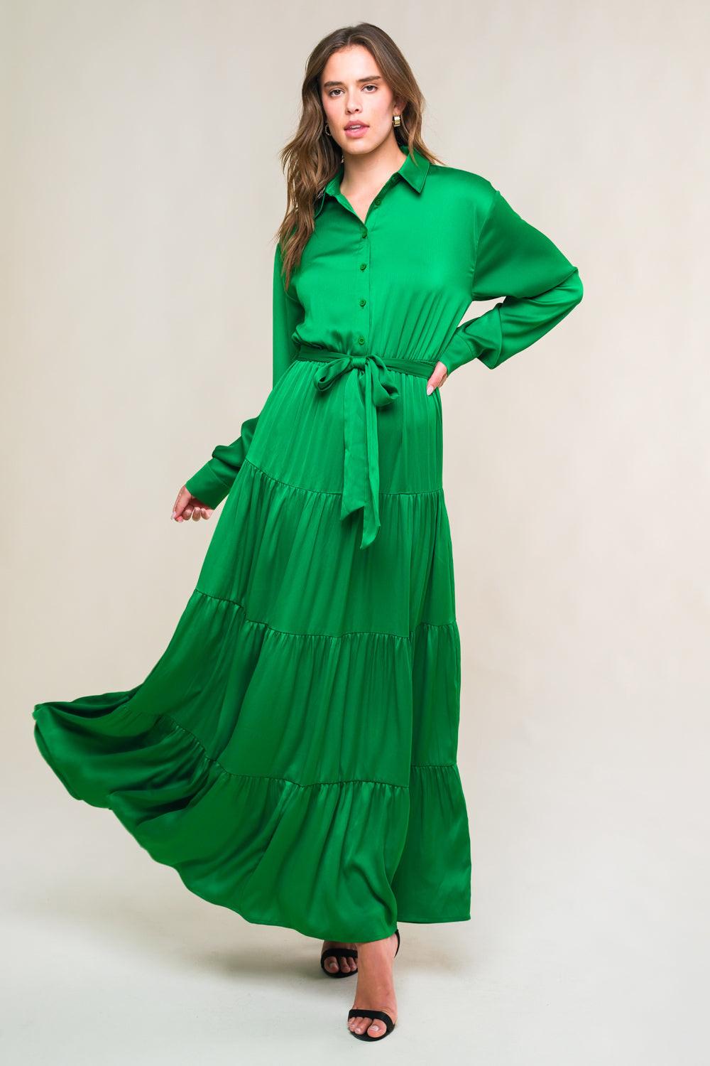 Chic Intent Bright Woven Midi Dress in green, view 1 — Soul Flow Apparel