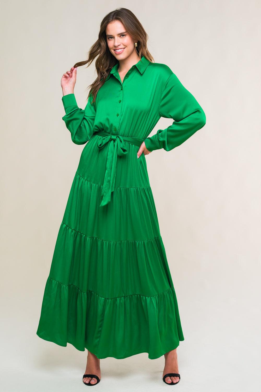Chic Intent Bright Woven Midi Dress in green, view 3 — Soul Flow Apparel