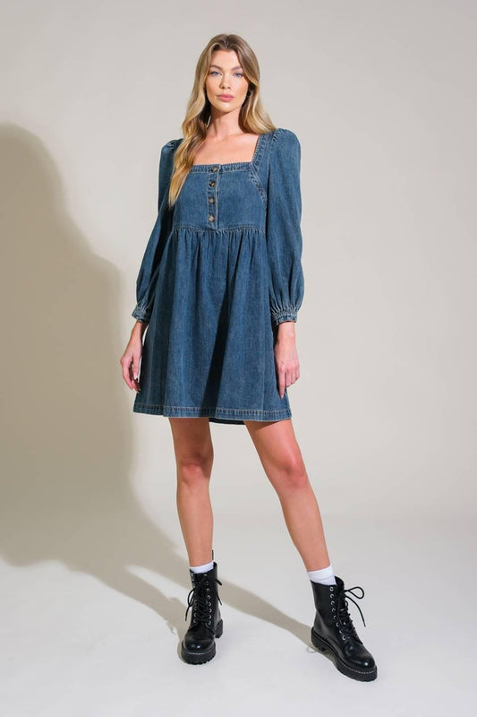 Exotic Escape Denim Mini Dress in medium indigo, view 5 — Soul Flow Apparel