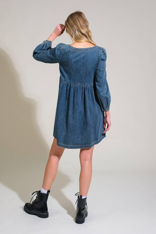 Exotic Escape Denim Mini Dress in medium indigo, view 6 — Soul Flow Apparel