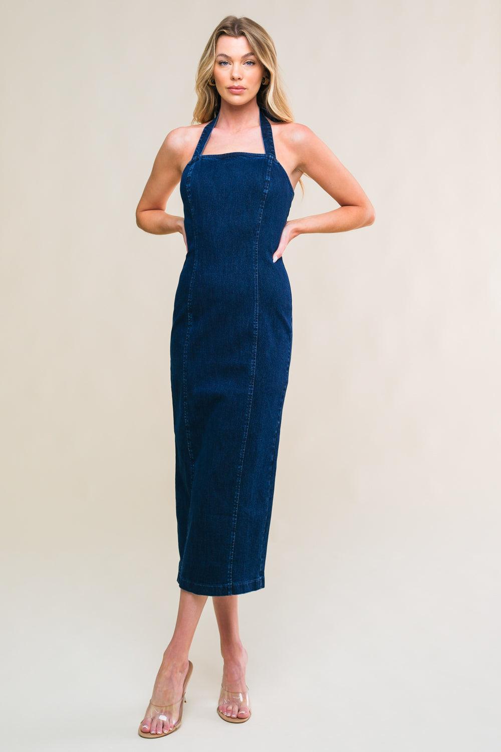 So Quintessential Denim Midi Dress in medium indigo, view 1 — Soul Flow Apparel