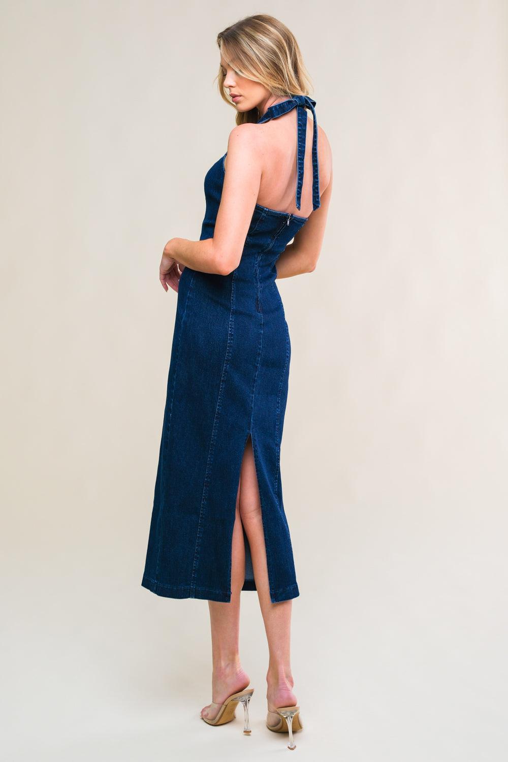 So Quintessential Denim Midi Dress in medium indigo, view 2 — Soul Flow Apparel