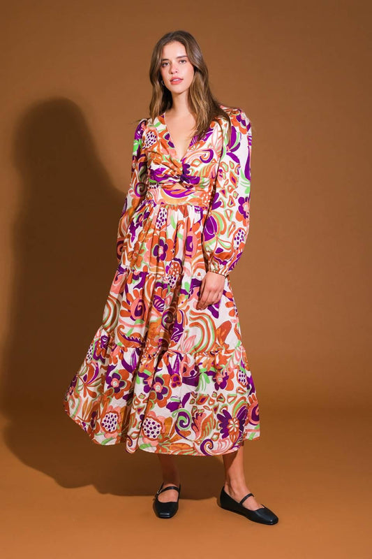 Blossom Beauty Woven Midi Dress in ivory rust, view 1 — Soul Flow Apparel