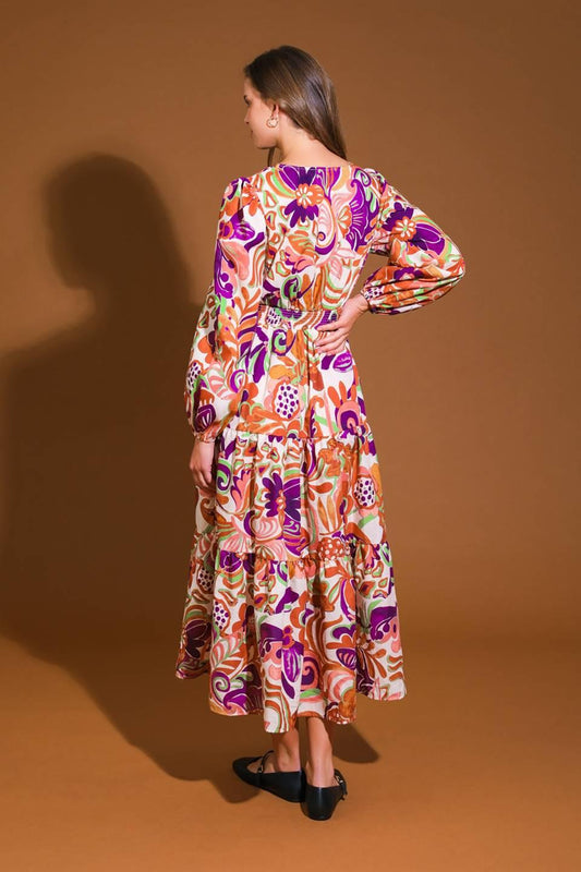 Blossom Beauty Woven Midi Dress in ivory rust, view 2 — Soul Flow Apparel
