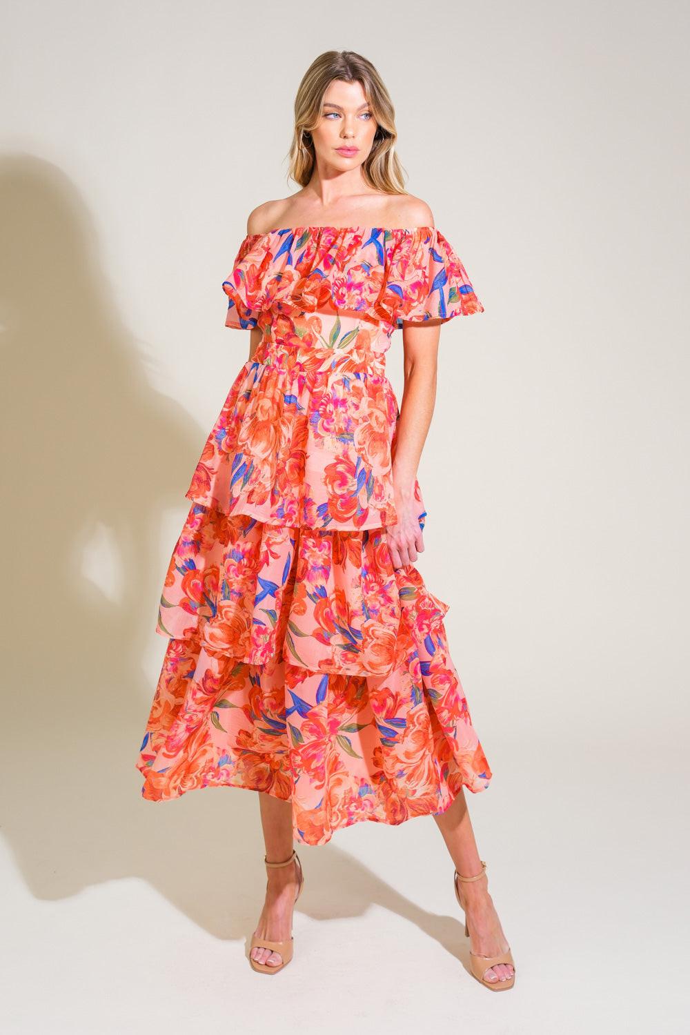 Stroll the Avenues Woven Midi Dress in peach, view 1 — Soul Flow Apparel
