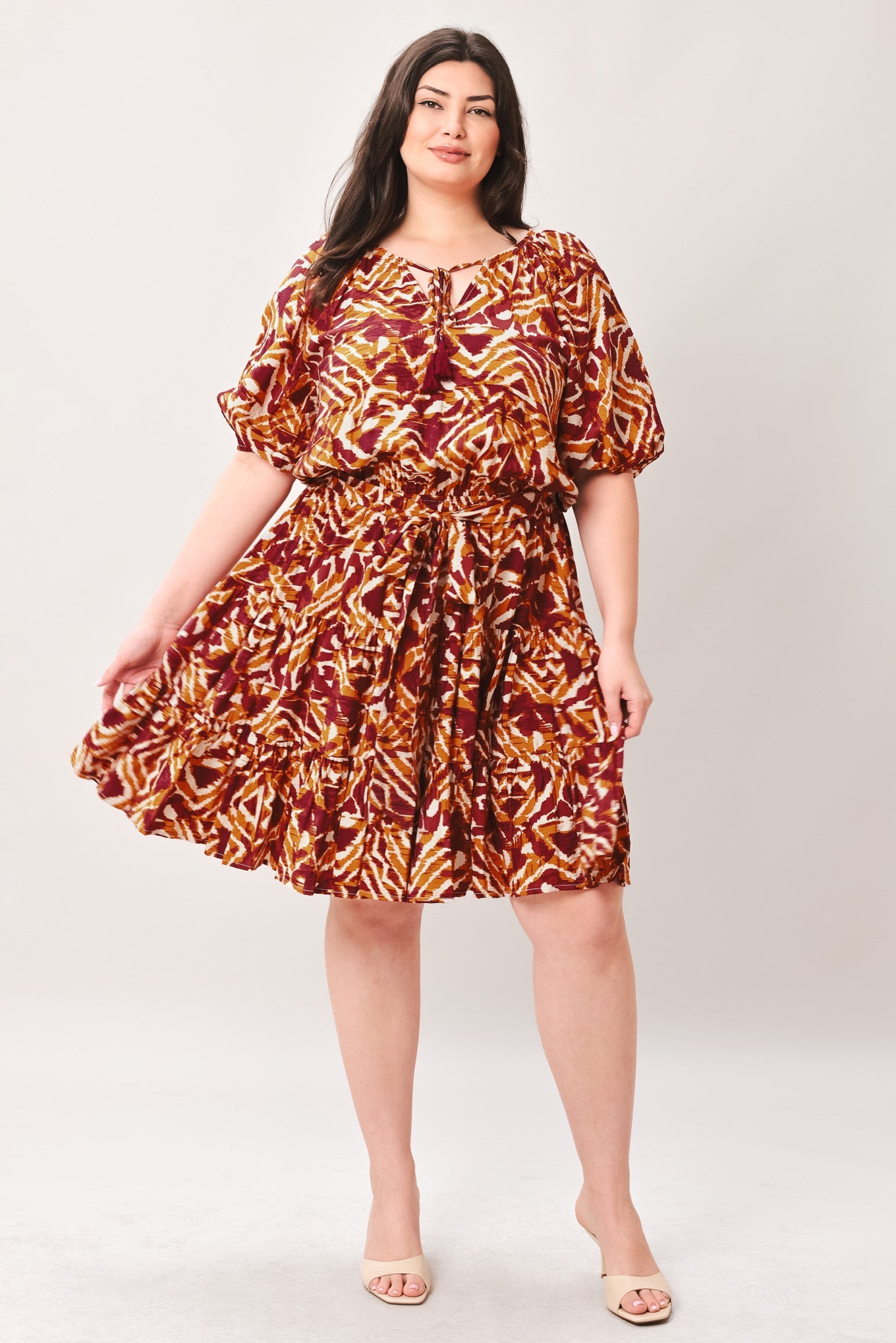 Flora Harmony Woven Mini Dress in ivory rust, view 1 — Soul Flow Apparel